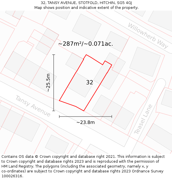 32, TANSY AVENUE, STOTFOLD, HITCHIN, SG5 4GJ: Plot and title map