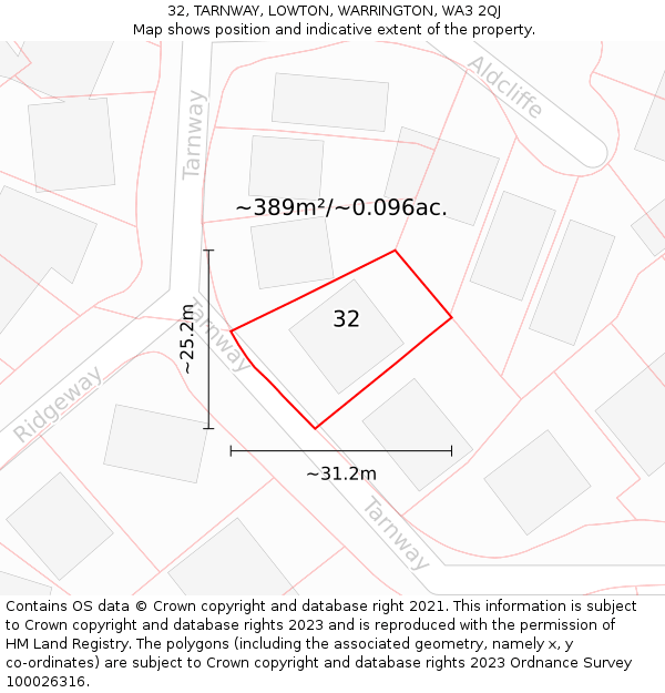 32, TARNWAY, LOWTON, WARRINGTON, WA3 2QJ: Plot and title map