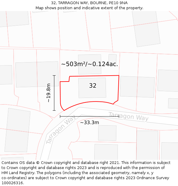 32, TARRAGON WAY, BOURNE, PE10 9NA: Plot and title map