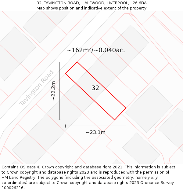 32, TAVINGTON ROAD, HALEWOOD, LIVERPOOL, L26 6BA: Plot and title map
