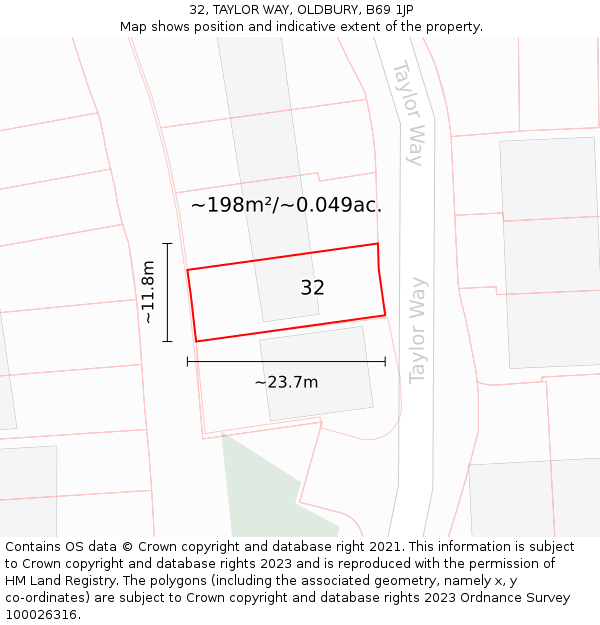 32, TAYLOR WAY, OLDBURY, B69 1JP: Plot and title map