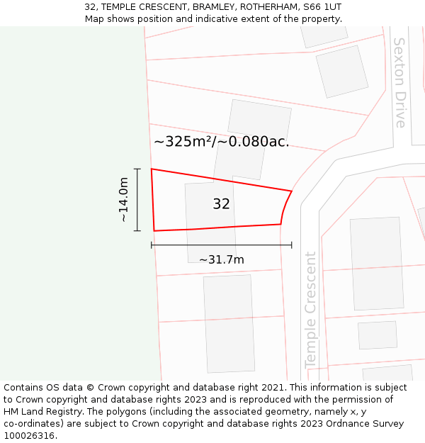 32, TEMPLE CRESCENT, BRAMLEY, ROTHERHAM, S66 1UT: Plot and title map