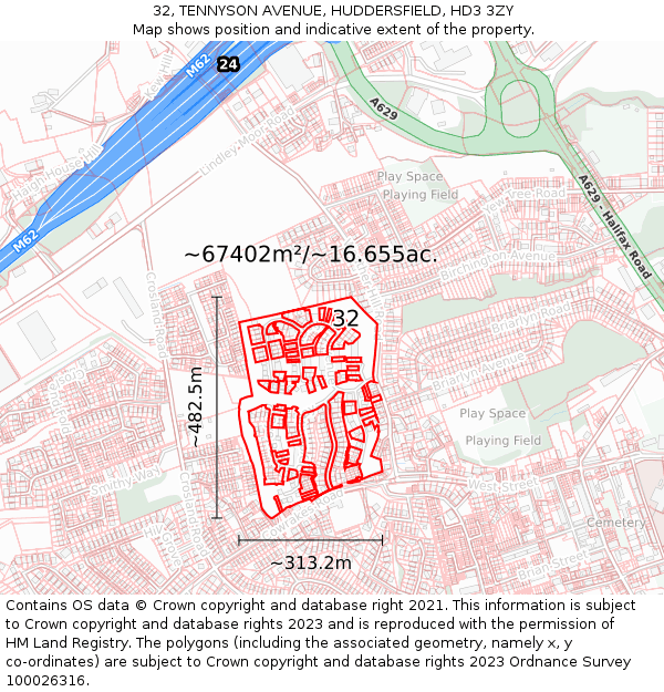 32, TENNYSON AVENUE, HUDDERSFIELD, HD3 3ZY: Plot and title map