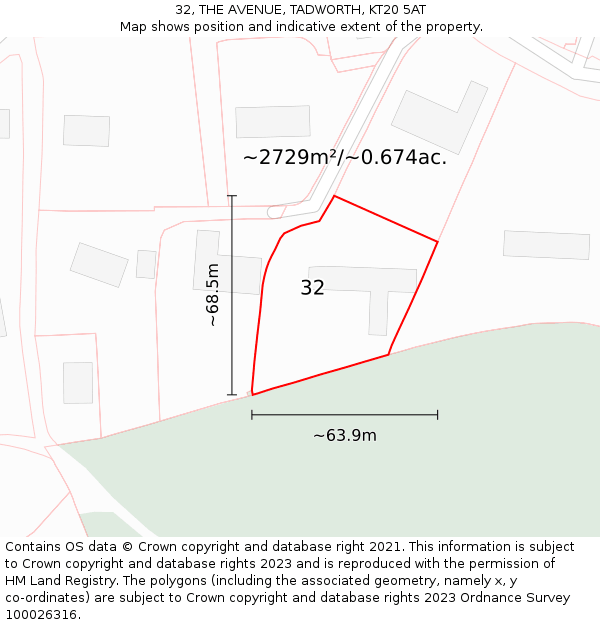 32, THE AVENUE, TADWORTH, KT20 5AT: Plot and title map