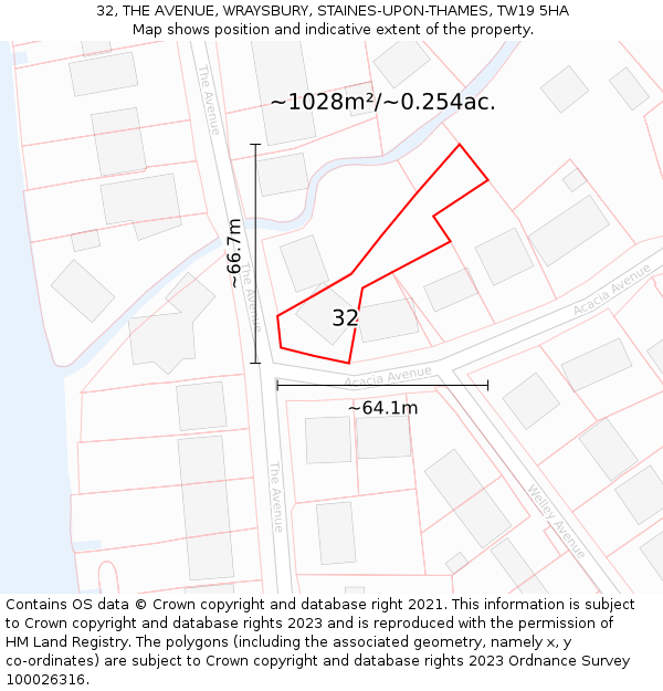 32, THE AVENUE, WRAYSBURY, STAINES-UPON-THAMES, TW19 5HA: Plot and title map