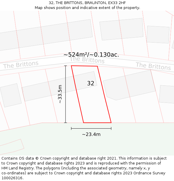 32, THE BRITTONS, BRAUNTON, EX33 2HF: Plot and title map