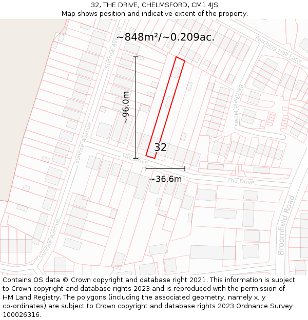 32, THE DRIVE, CHELMSFORD, CM1 4JS: Plot and title map