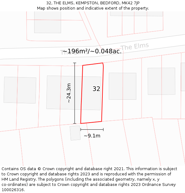 32, THE ELMS, KEMPSTON, BEDFORD, MK42 7JP: Plot and title map