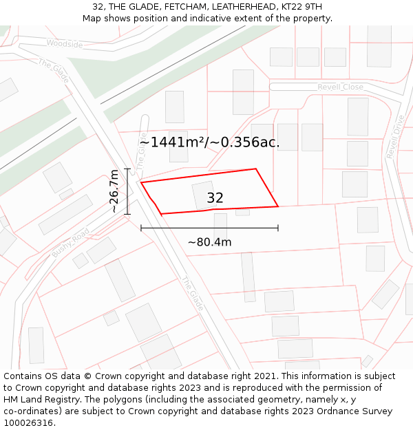 32, THE GLADE, FETCHAM, LEATHERHEAD, KT22 9TH: Plot and title map