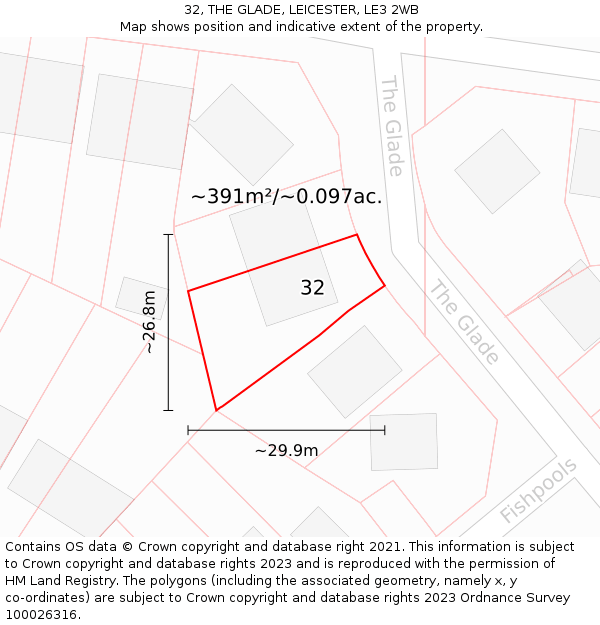 32, THE GLADE, LEICESTER, LE3 2WB: Plot and title map