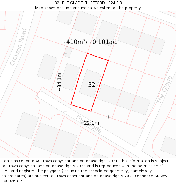 32, THE GLADE, THETFORD, IP24 1JR: Plot and title map