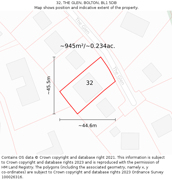 32, THE GLEN, BOLTON, BL1 5DB: Plot and title map