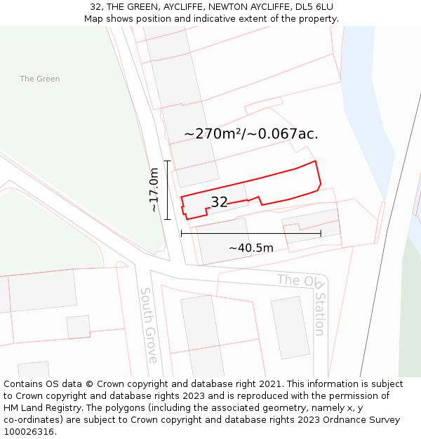 32, THE GREEN, AYCLIFFE, NEWTON AYCLIFFE, DL5 6LU: Plot and title map