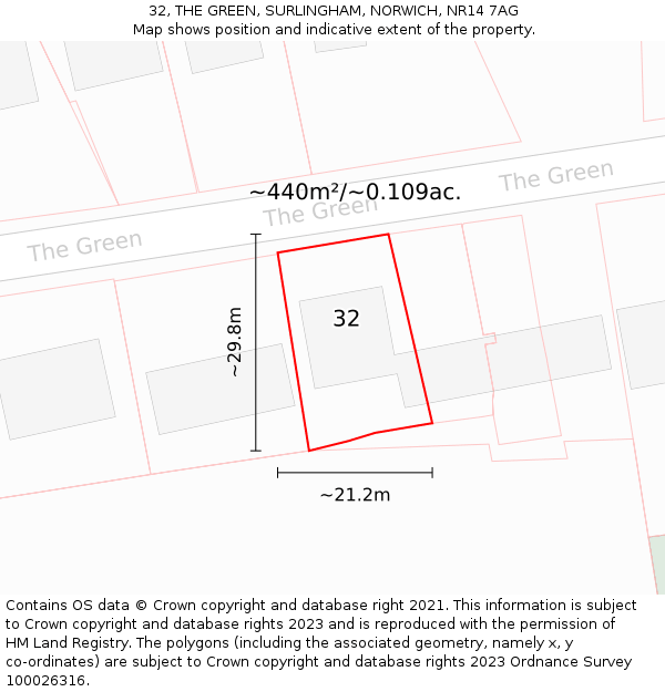 32, THE GREEN, SURLINGHAM, NORWICH, NR14 7AG: Plot and title map