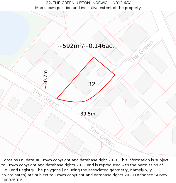 32, THE GREEN, UPTON, NORWICH, NR13 6AY: Plot and title map