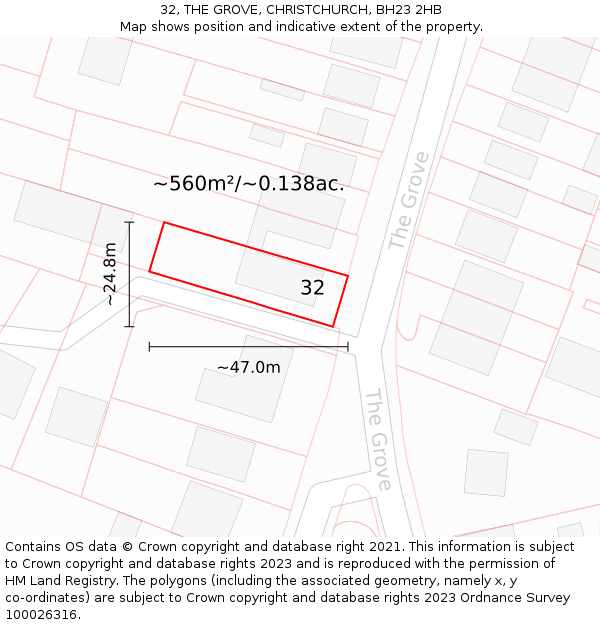 32, THE GROVE, CHRISTCHURCH, BH23 2HB: Plot and title map