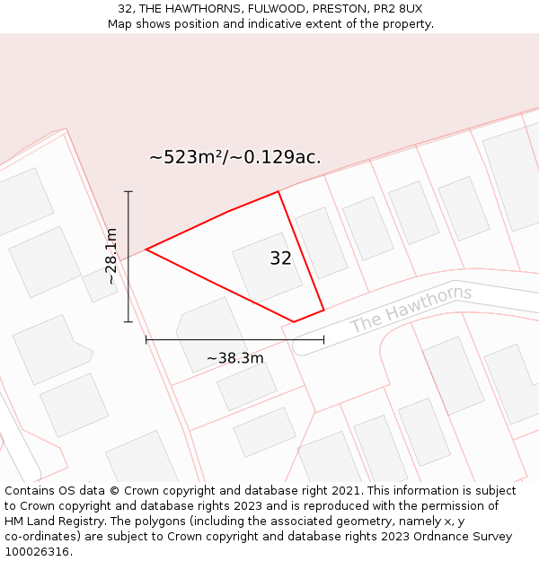 32, THE HAWTHORNS, FULWOOD, PRESTON, PR2 8UX: Plot and title map