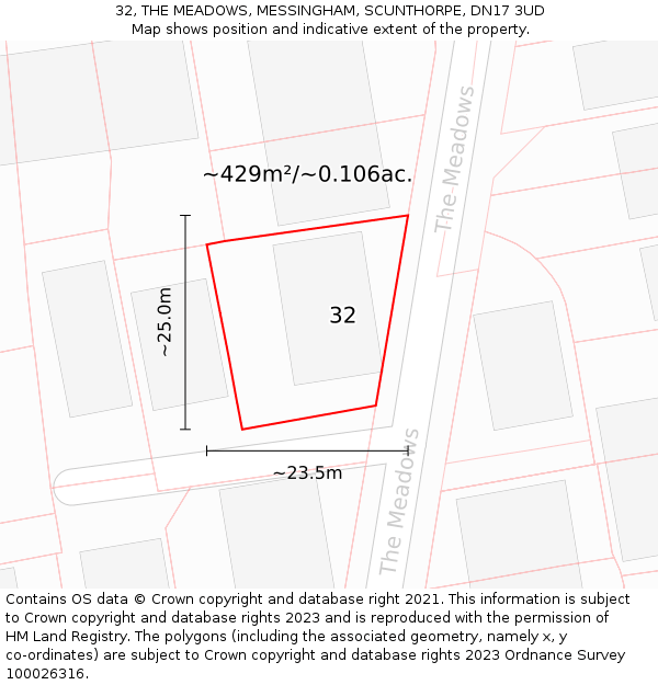 32, THE MEADOWS, MESSINGHAM, SCUNTHORPE, DN17 3UD: Plot and title map
