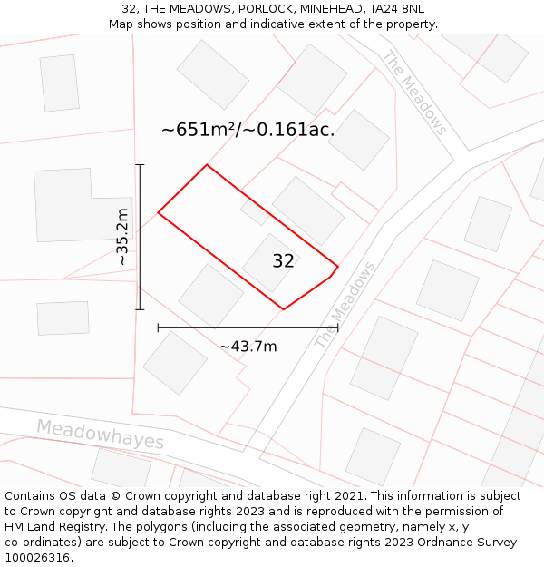 32, THE MEADOWS, PORLOCK, MINEHEAD, TA24 8NL: Plot and title map