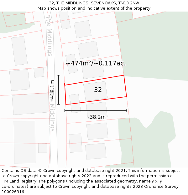 32, THE MIDDLINGS, SEVENOAKS, TN13 2NW: Plot and title map