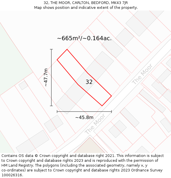 32, THE MOOR, CARLTON, BEDFORD, MK43 7JR: Plot and title map