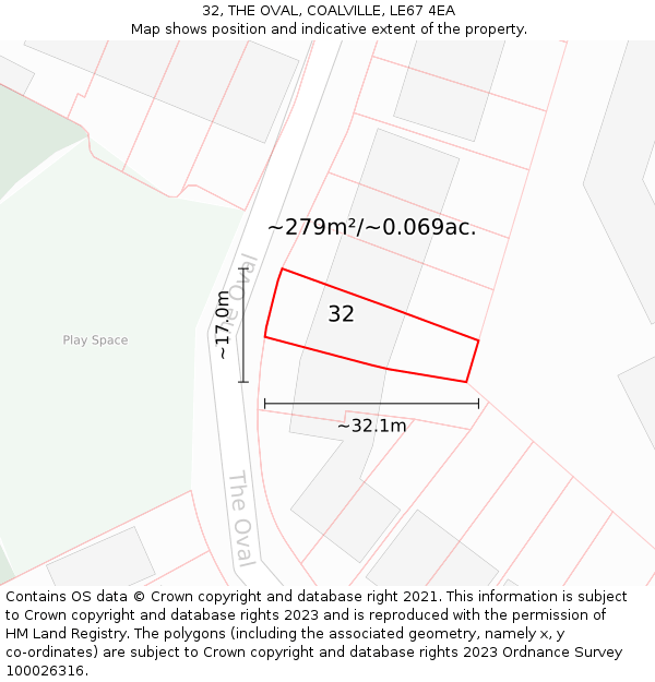 32, THE OVAL, COALVILLE, LE67 4EA: Plot and title map