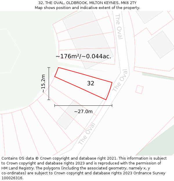 32, THE OVAL, OLDBROOK, MILTON KEYNES, MK6 2TY: Plot and title map