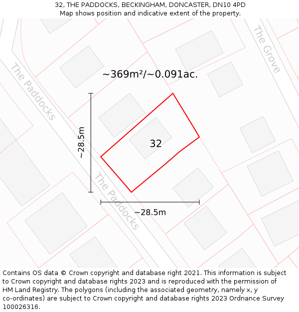 32, THE PADDOCKS, BECKINGHAM, DONCASTER, DN10 4PD: Plot and title map