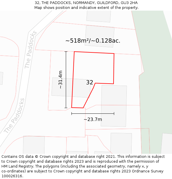 32, THE PADDOCKS, NORMANDY, GUILDFORD, GU3 2HA: Plot and title map