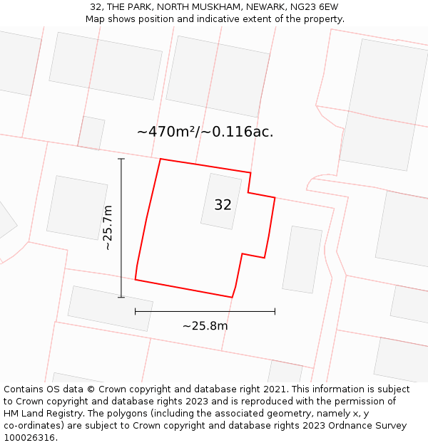 32, THE PARK, NORTH MUSKHAM, NEWARK, NG23 6EW: Plot and title map