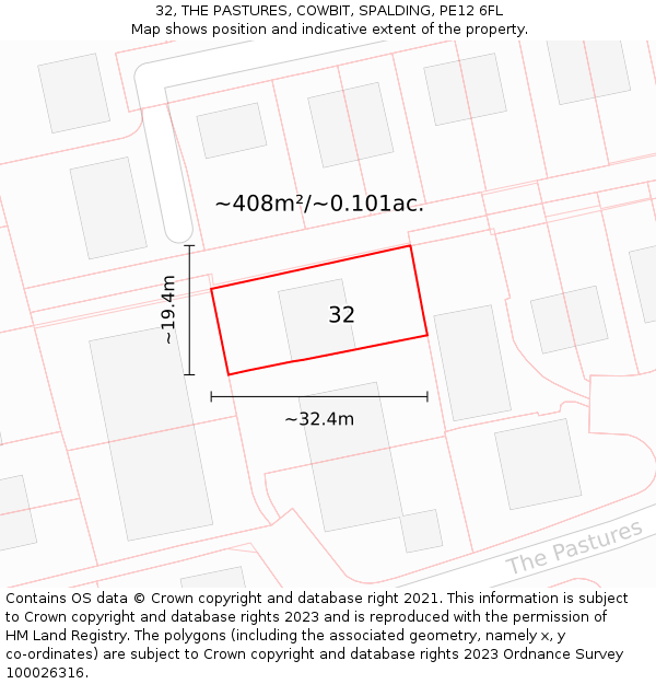 32, THE PASTURES, COWBIT, SPALDING, PE12 6FL: Plot and title map