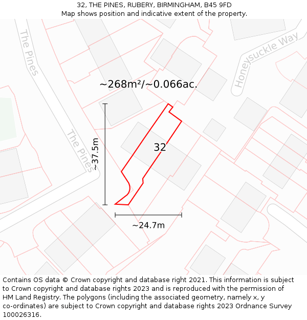 32, THE PINES, RUBERY, BIRMINGHAM, B45 9FD: Plot and title map