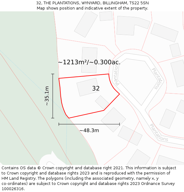 32, THE PLANTATIONS, WYNYARD, BILLINGHAM, TS22 5SN: Plot and title map