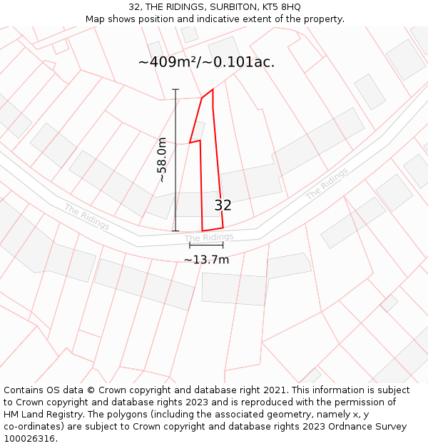 32, THE RIDINGS, SURBITON, KT5 8HQ: Plot and title map