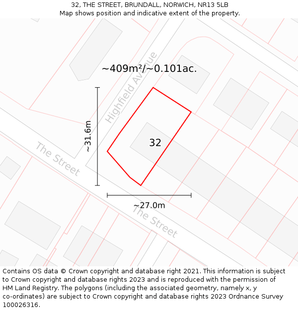 32, THE STREET, BRUNDALL, NORWICH, NR13 5LB: Plot and title map