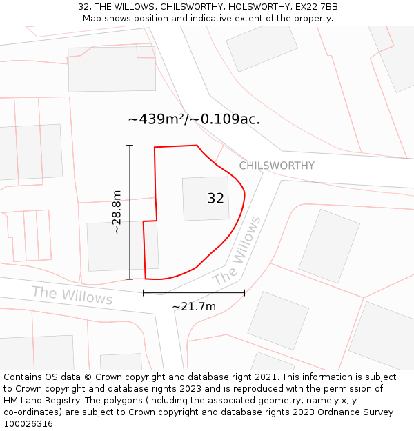32, THE WILLOWS, CHILSWORTHY, HOLSWORTHY, EX22 7BB: Plot and title map