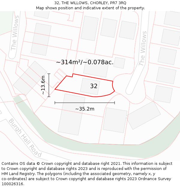 32, THE WILLOWS, CHORLEY, PR7 3RQ: Plot and title map