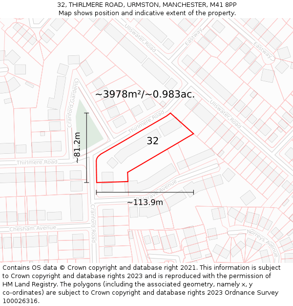 32, THIRLMERE ROAD, URMSTON, MANCHESTER, M41 8PP: Plot and title map