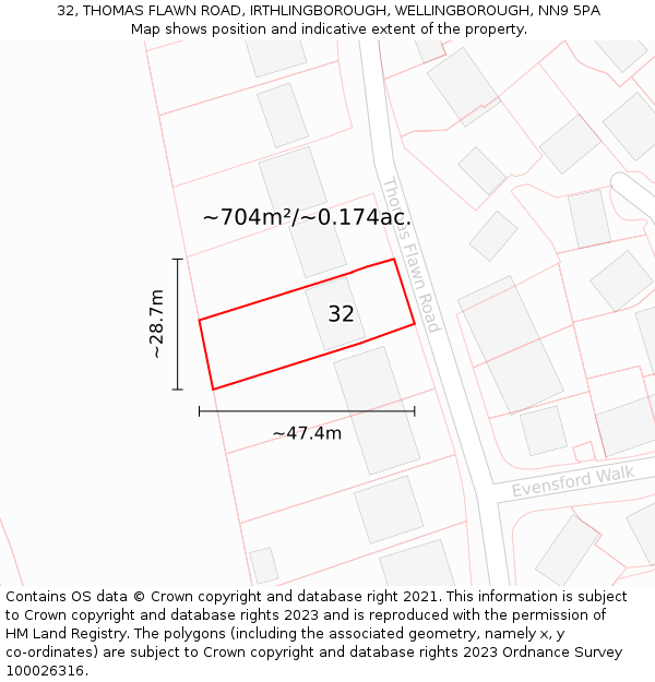 32, THOMAS FLAWN ROAD, IRTHLINGBOROUGH, WELLINGBOROUGH, NN9 5PA: Plot and title map