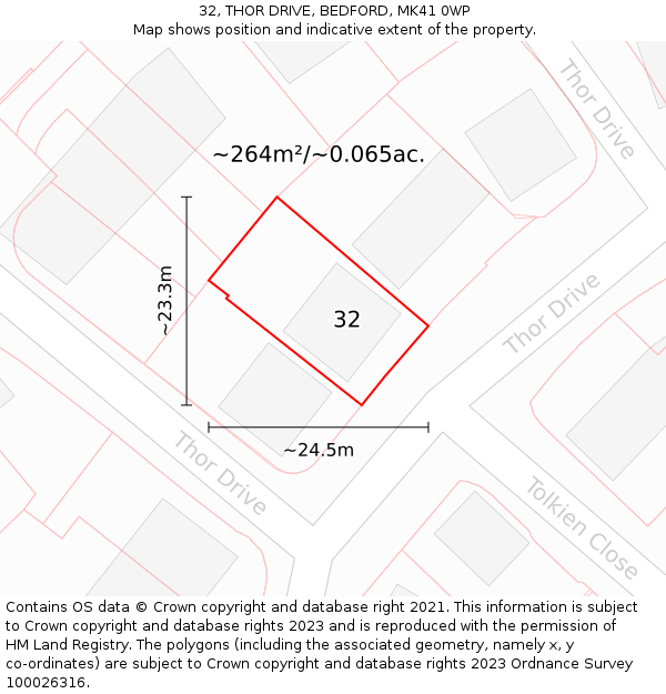 32, THOR DRIVE, BEDFORD, MK41 0WP: Plot and title map