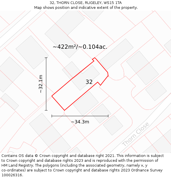32, THORN CLOSE, RUGELEY, WS15 1TA: Plot and title map