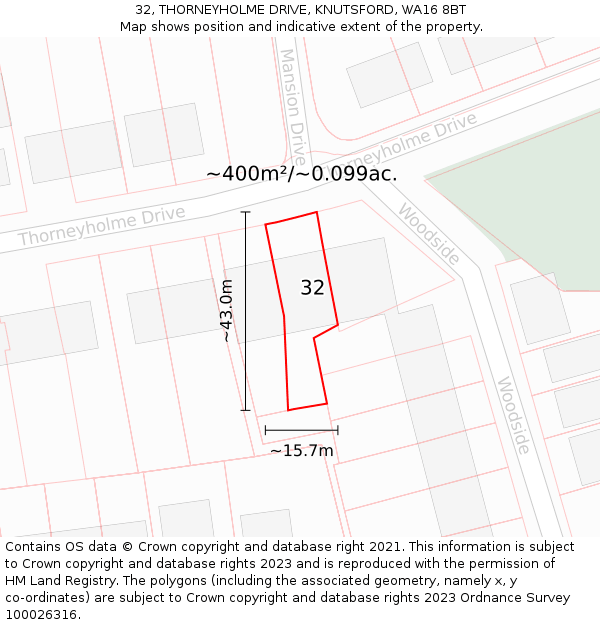 32, THORNEYHOLME DRIVE, KNUTSFORD, WA16 8BT: Plot and title map