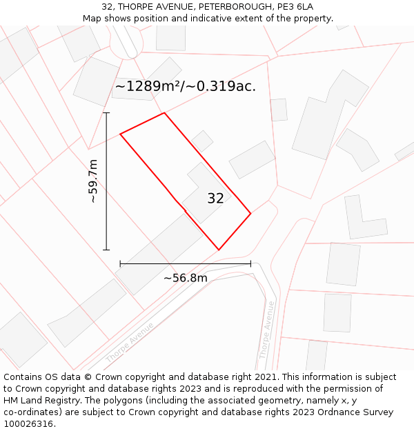 32, THORPE AVENUE, PETERBOROUGH, PE3 6LA: Plot and title map