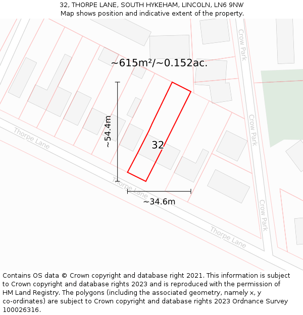 32, THORPE LANE, SOUTH HYKEHAM, LINCOLN, LN6 9NW: Plot and title map