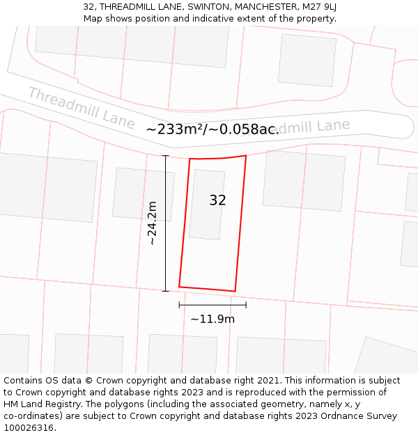 32, THREADMILL LANE, SWINTON, MANCHESTER, M27 9LJ: Plot and title map