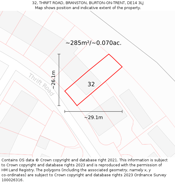 32, THRIFT ROAD, BRANSTON, BURTON-ON-TRENT, DE14 3LJ: Plot and title map