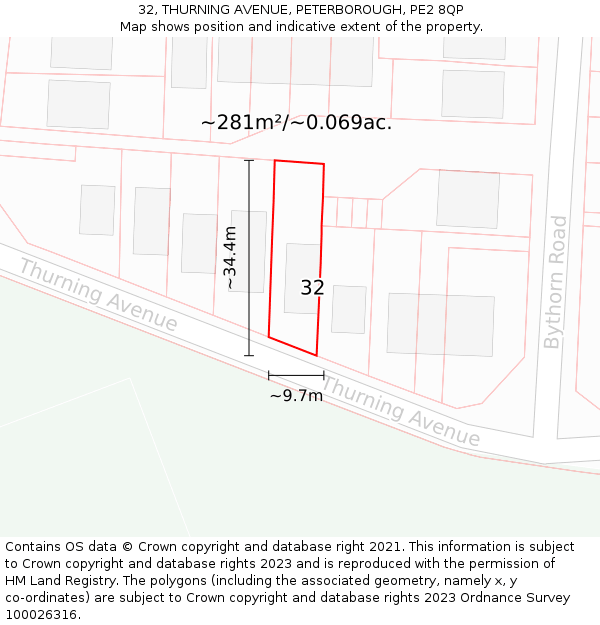 32, THURNING AVENUE, PETERBOROUGH, PE2 8QP: Plot and title map