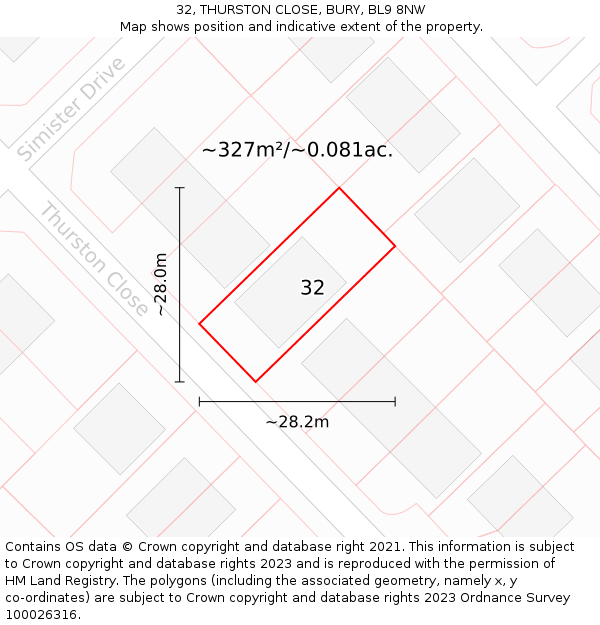 32, THURSTON CLOSE, BURY, BL9 8NW: Plot and title map