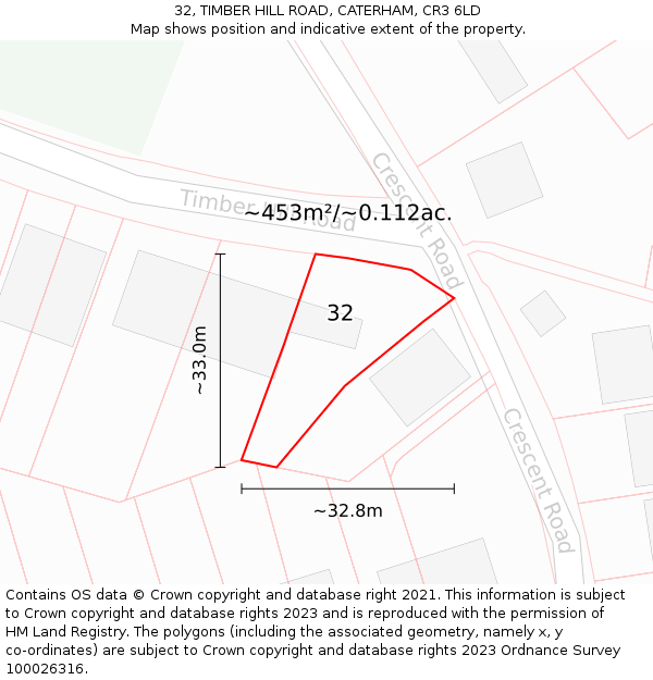 32, TIMBER HILL ROAD, CATERHAM, CR3 6LD: Plot and title map