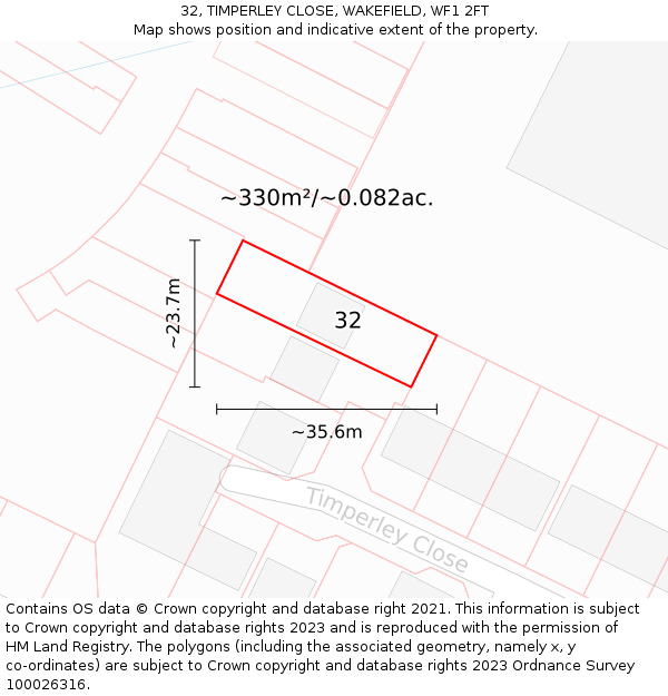 32, TIMPERLEY CLOSE, WAKEFIELD, WF1 2FT: Plot and title map